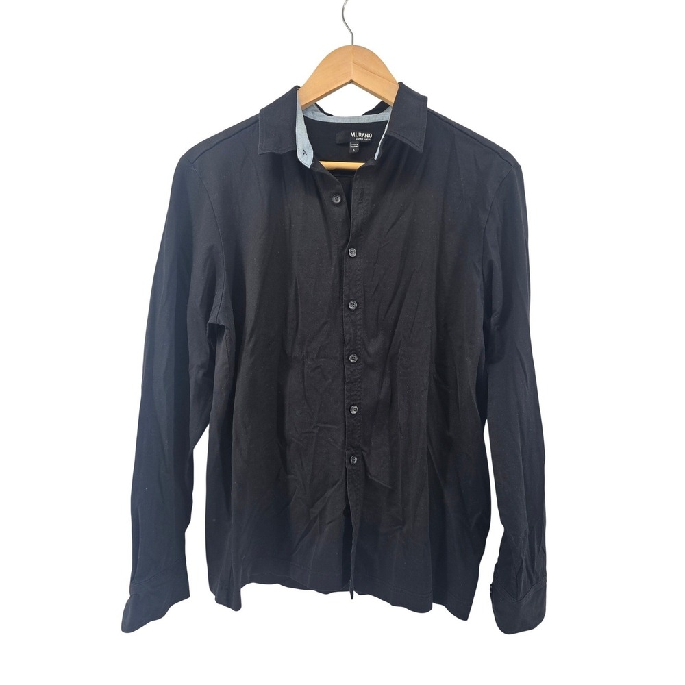 Murano Button Up Mens Large Black Liquid Luxury‎ Long Sleeve Cotton Jersey Shirt